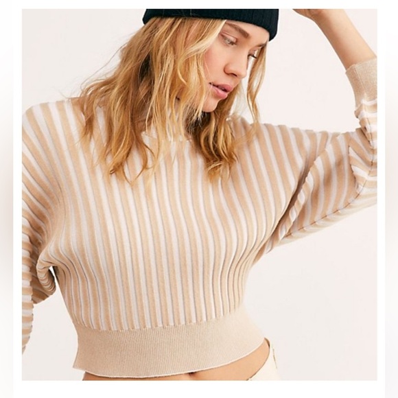 Free People Boho Chic Mad Chill Beige Cream Striped Ribbed Mock Turtleneck Sz Sm - Picture 2 of 16